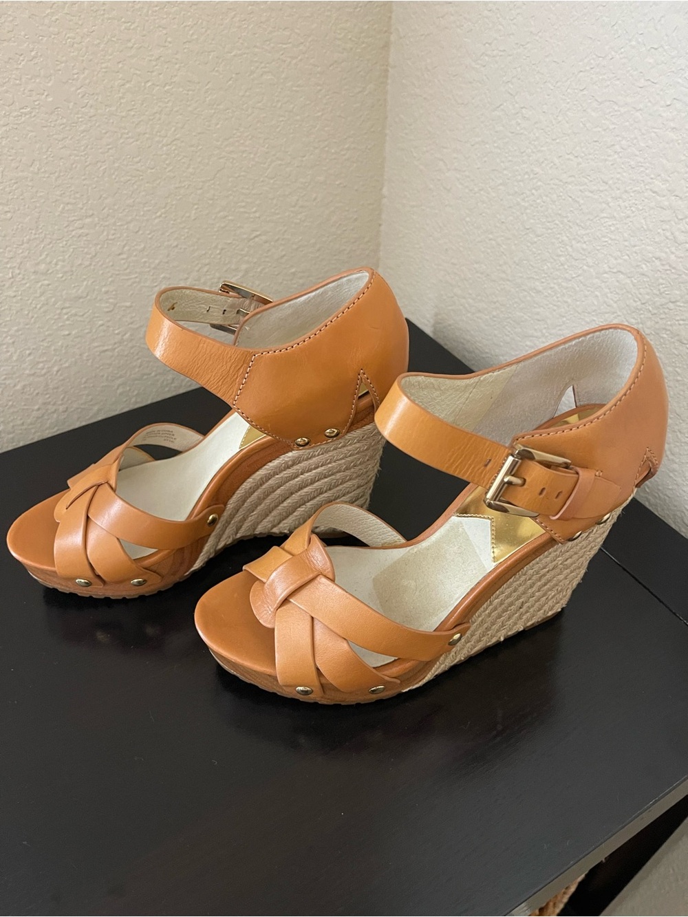 Michael Kors Tan Woven Espadrille Wedge Sandals with Rubber grip soles
